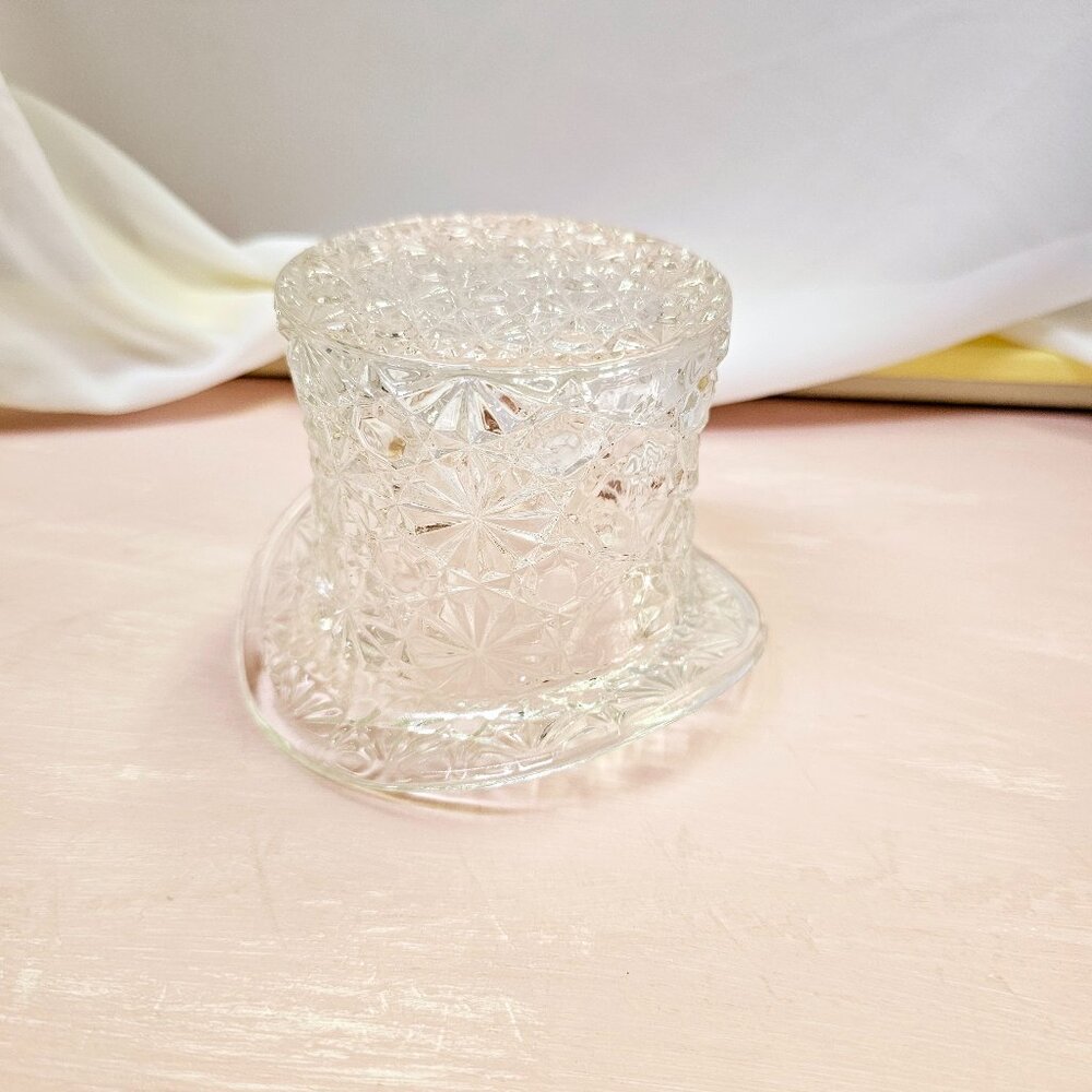 Daisy & Button Fenton Clear Glass Top Hat Dish or Vase, Vintage Decor
